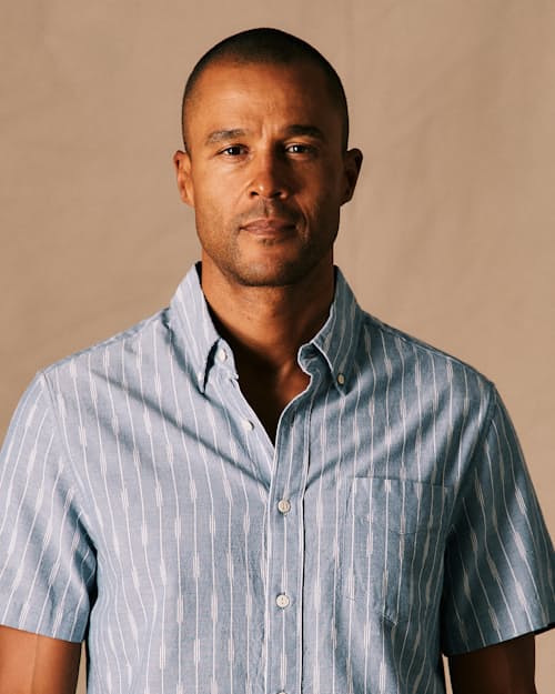 on model image of Classic Chambray Short Sleeve Shirt