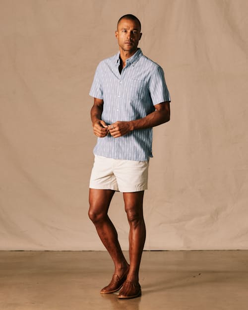on model image of Classic Chambray Short Sleeve Shirt