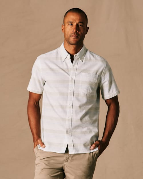on model image of Classic Stripe Short Sleeve Shirt
