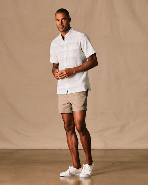 on model image of Classic Stripe Short Sleeve Shirt