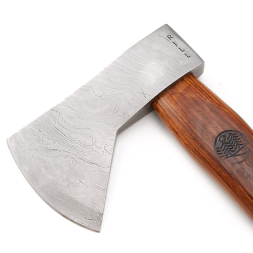 laydown image of Damascus Backwoods Camp Axe