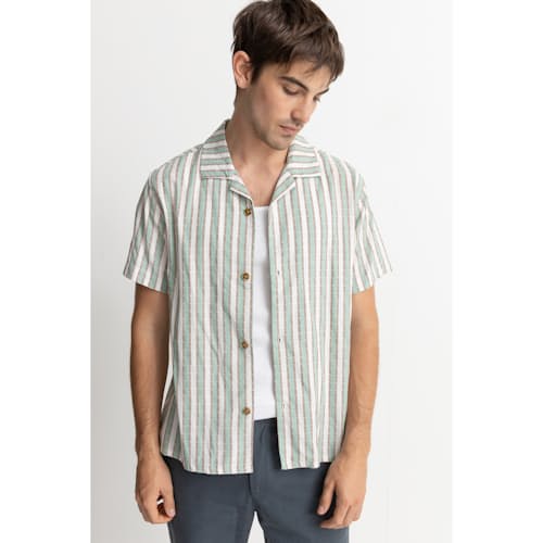 on model image of Vacation Stripe Short Sleeve Shirt