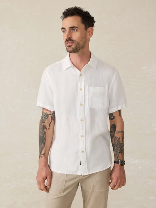 on model image of Palma Linen Short Sleeve Shirt