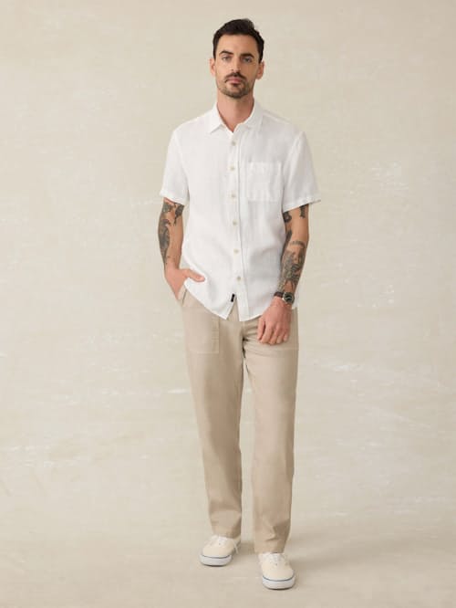 on model image of Palma Linen Short Sleeve Shirt