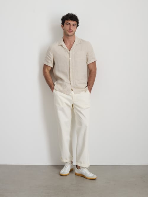 on model image of Short Sleeve Linen Camp Shirt