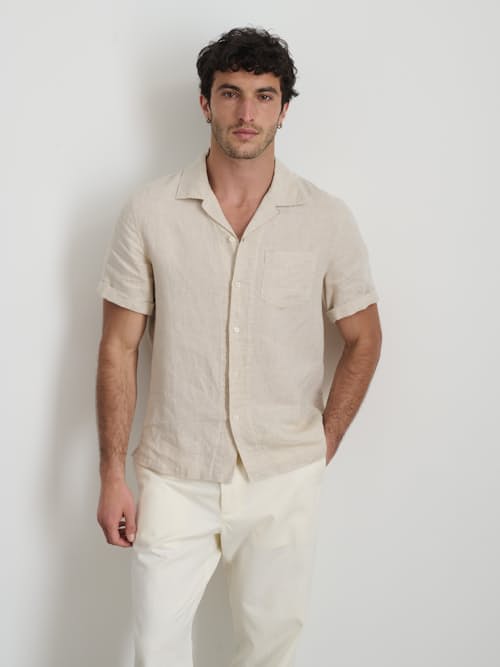 on model image of Short Sleeve Linen Camp Shirt