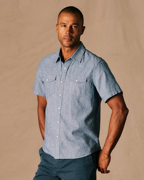 on model image of Western Chambray Short Sleeve Shirt