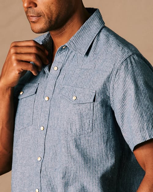on model image of Western Chambray Short Sleeve Shirt