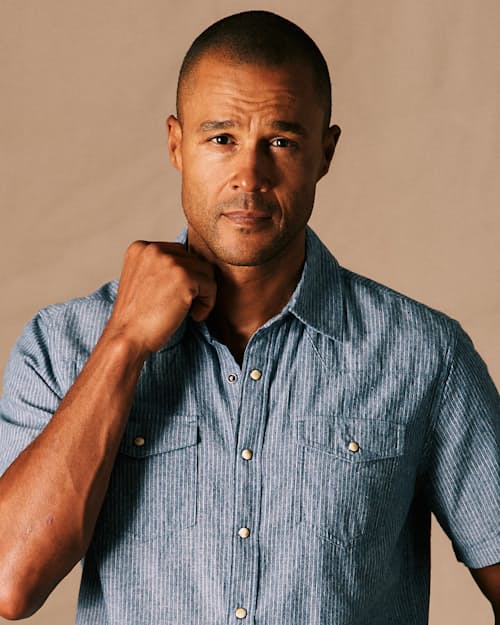 on model image of Western Chambray Short Sleeve Shirt