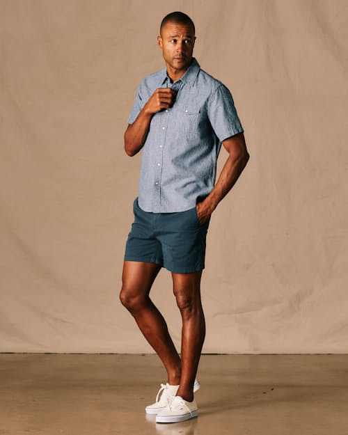 on model image of Western Chambray Short Sleeve Shirt