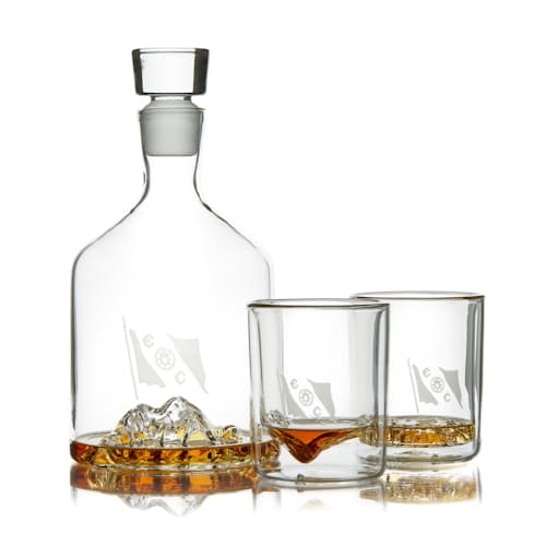 laydown image of Huckberry x The Explorers Club Decanter + Whiskey Glasses