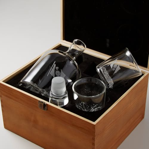 laydown image of Huckberry x The Explorers Club Decanter + Whiskey Glasses