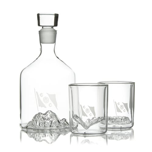 laydown image of Huckberry x The Explorers Club Decanter + Whiskey Glasses