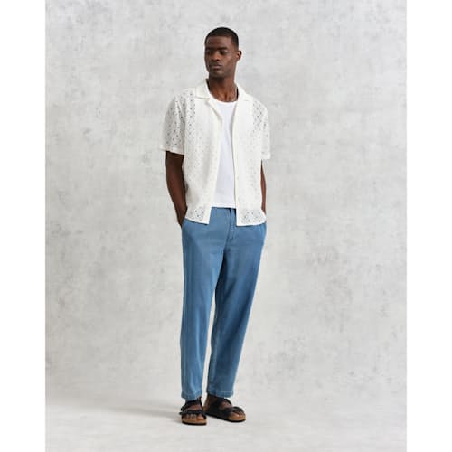 on model image of Open Weave Linen Blend Short Sleeve Shirt
