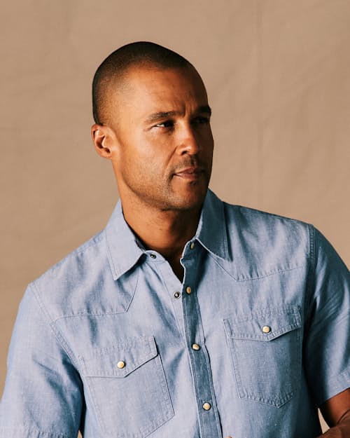 on model image of Slub Chambray Western Shirt