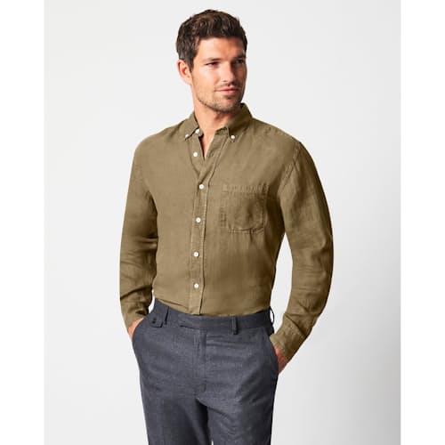 on model image of Tuscumbia Linen Shirt