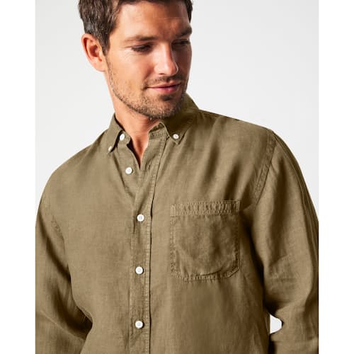 on model image of Tuscumbia Linen Shirt