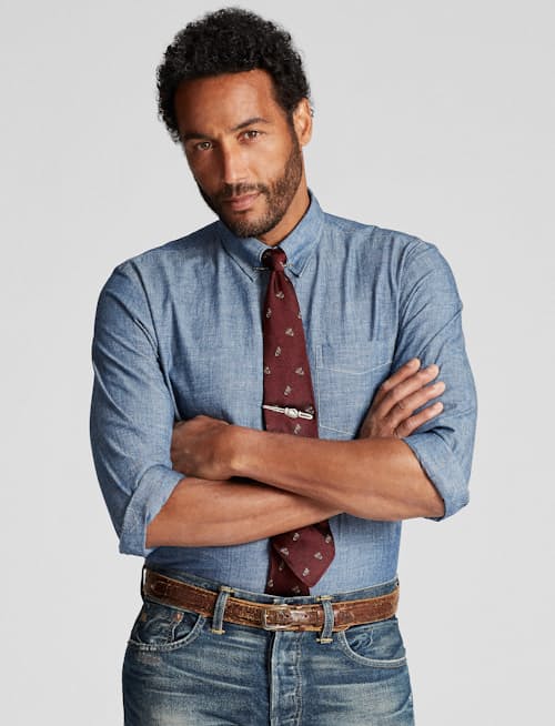 on model image of Slim Fit Chambray Dress Shirt