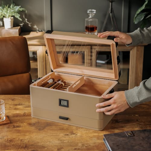 lifestyle image of Military Glass Top Cigar Humidor - Exclusive