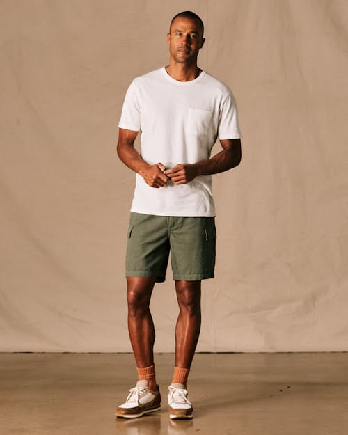on model image of Linen Ripstop Utility Cargo Short
