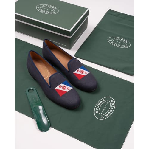 laydown image of Club Shoes in Navy Linen