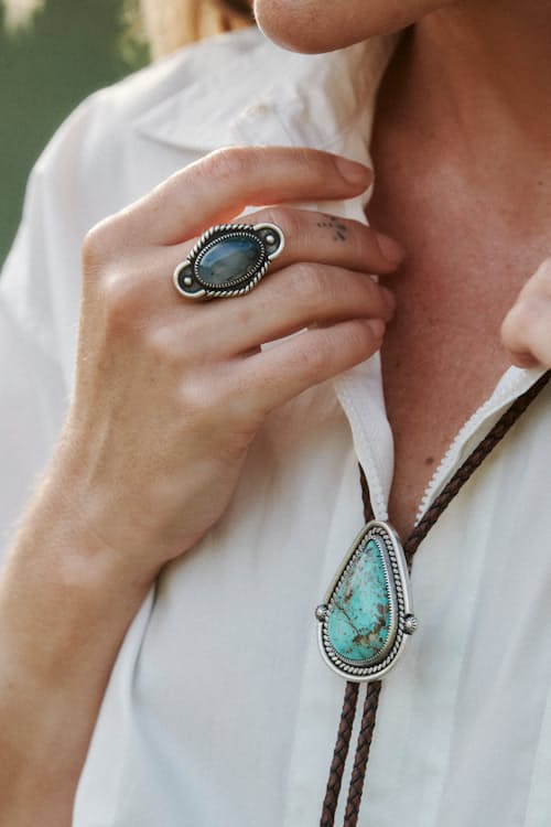 lifestyle image of Turquoise Drop Bolo Tie