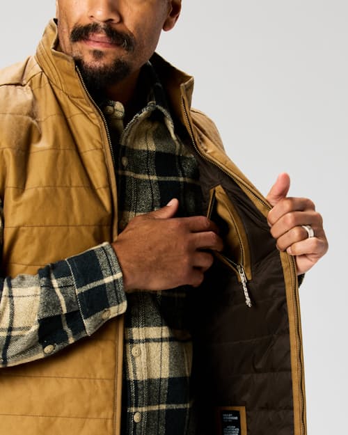 on model image of York Quilted Waxed Vest