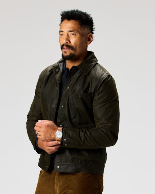 on model image of The James Waxed Snap Jacket