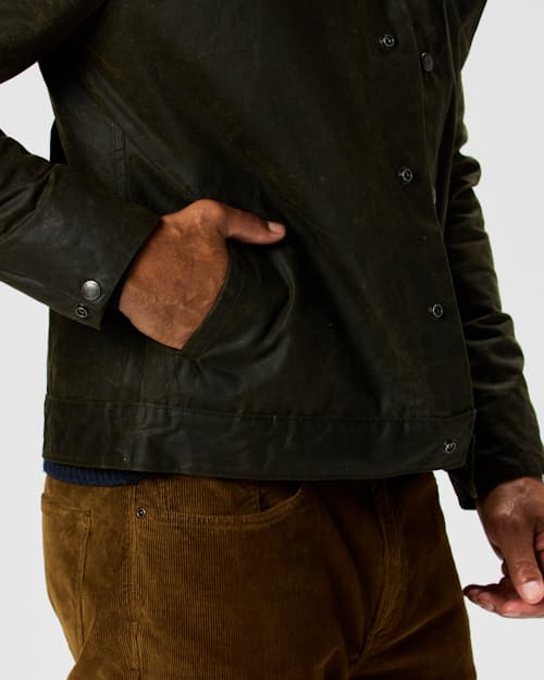 on model image of The James Waxed Snap Jacket