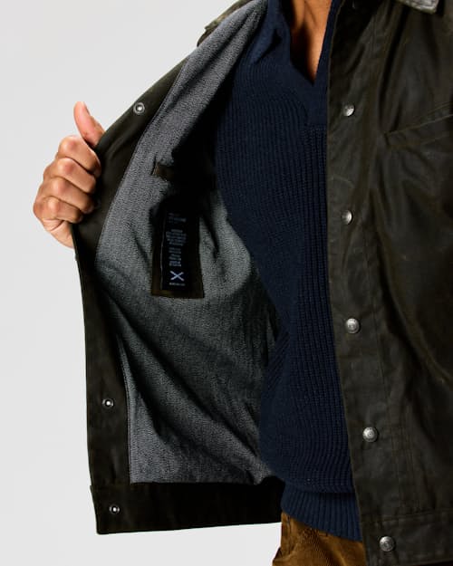 on model image of The James Waxed Snap Jacket