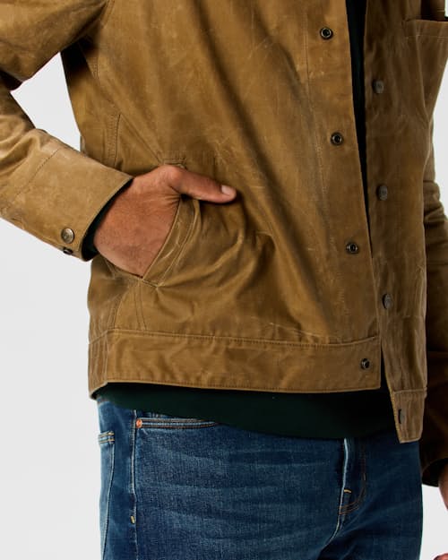 on model image of The James Waxed Snap Jacket