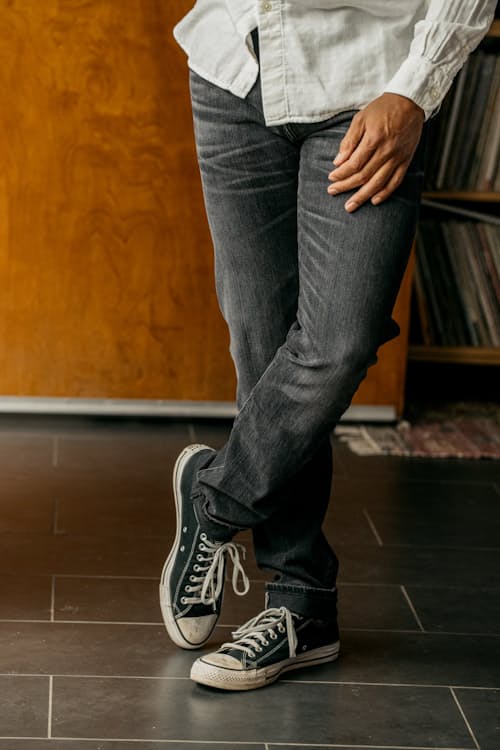 lifestyle image of The Pen Slim Straight Stretch Selvedge Denim Jeans