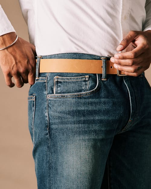 on model image of The Pen Slim Stretch Selvedge Denim Jeans