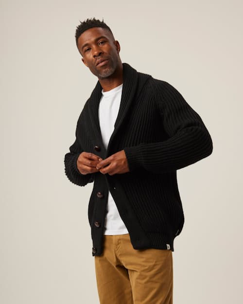 on model image of Wilkinson Merino Wool Cardigan Sweater