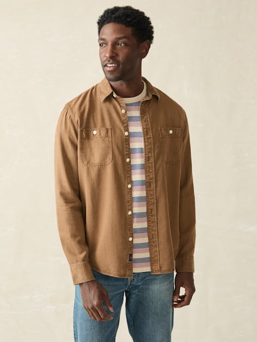 on model image of Tried and True Chambray Work Shirt