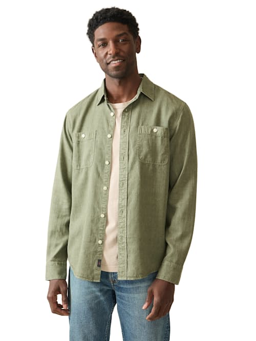 on model image of Tried and True Chambray Work Shirt