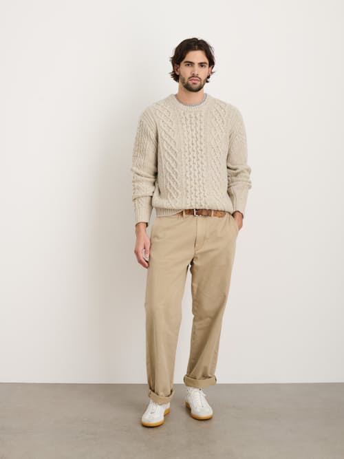 on model image of Donegal Merino Wool Fisherman Sweater