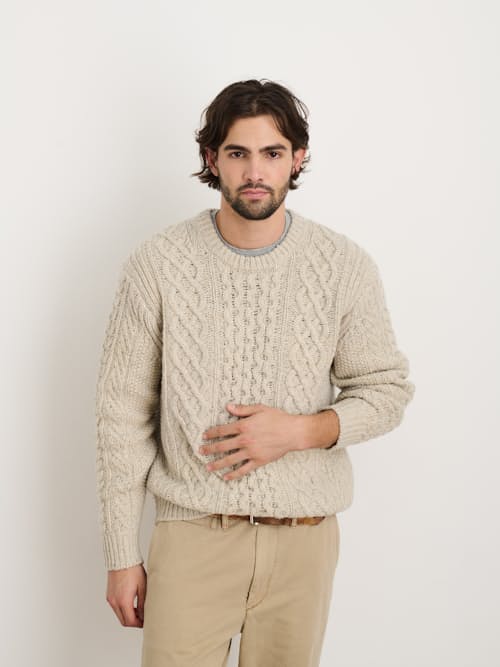 on model image of Donegal Merino Wool Fisherman Sweater