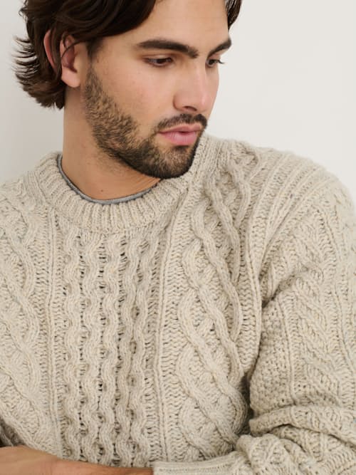 on model image of Donegal Merino Wool Fisherman Sweater