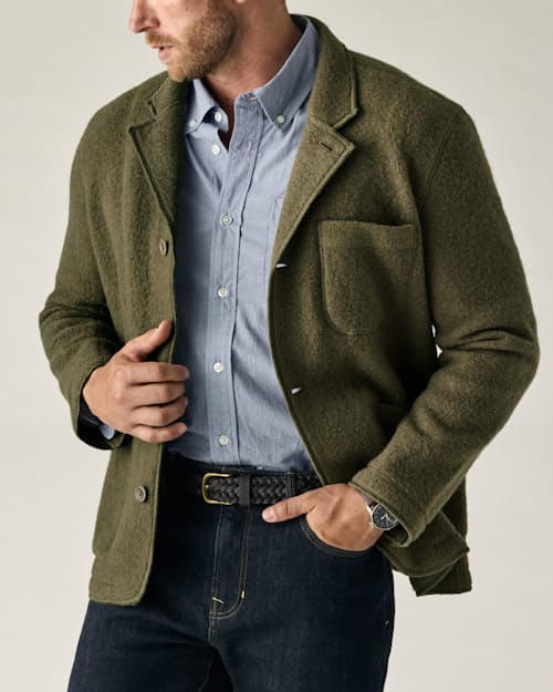 on model image of Boiled Wool Chore Blazer