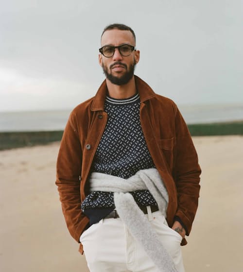 lifestyle image of Suede Five Pocket Chore Jacket