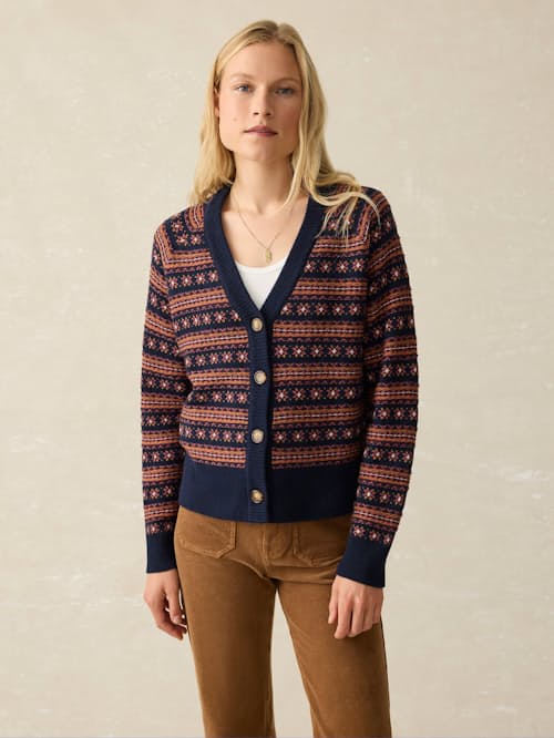 on model image of Women's Highland Fair Isle Cardigan