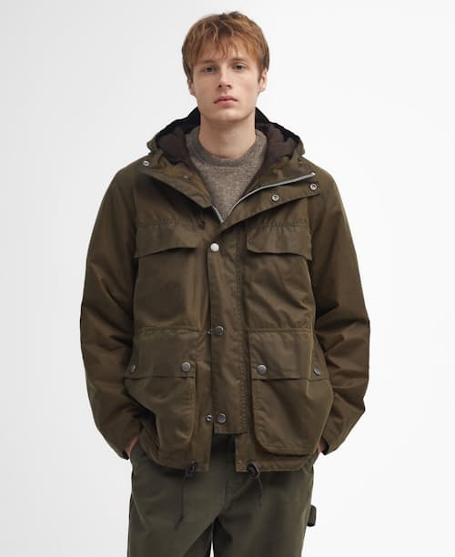 on model image of Durham Re-Engineered Waxed Jacket