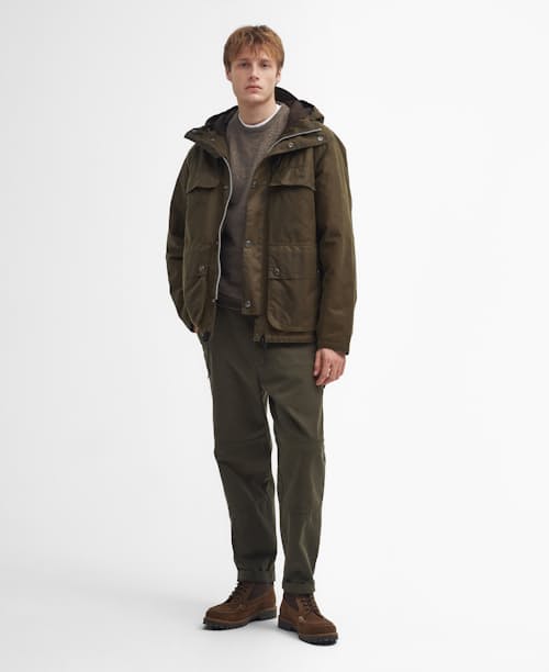 on model image of Durham Re-Engineered Waxed Jacket