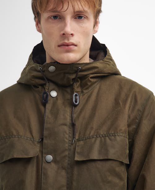 on model image of Durham Re-Engineered Waxed Jacket