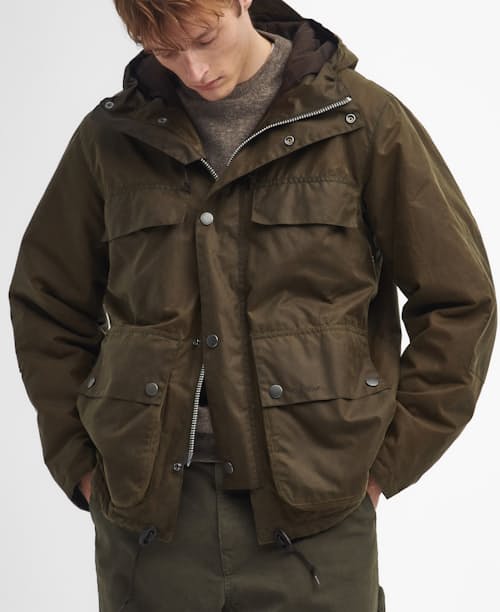 on model image of Durham Re-Engineered Waxed Jacket