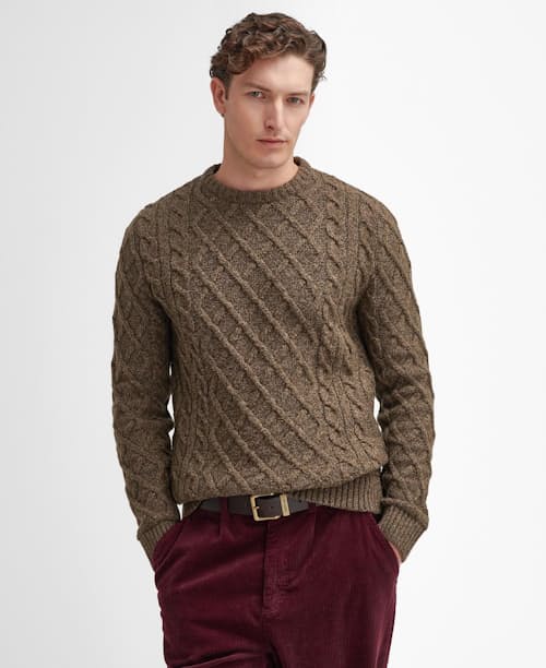 on model image of Stowford Cable Knit Crew Sweater