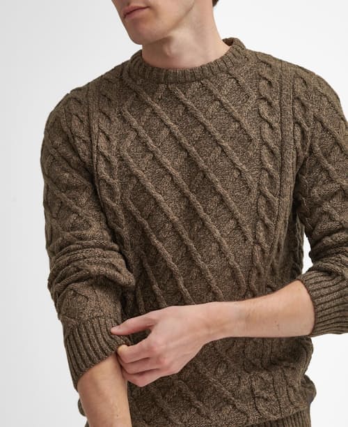 on model image of Stowford Cable Knit Crew Sweater