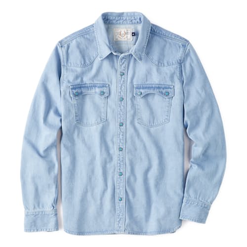 laydown image of Modern Western Pearlsnap Selvedge Denim Shirt