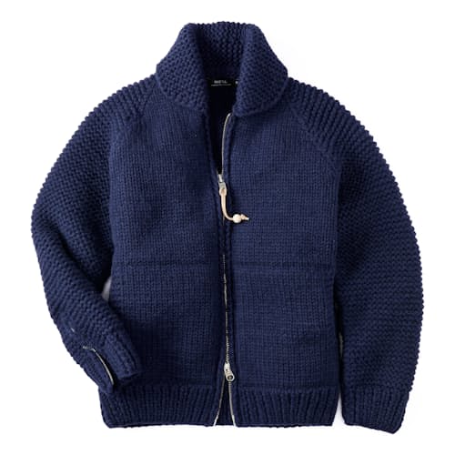 laydown image of Handknit Cowichan Heavyweight Moto Knit Sweater